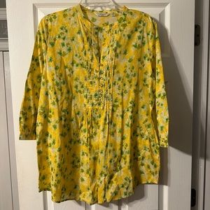 Liz Claiborne Green and Yellow Relaxed Blouse with Mandarin Collar